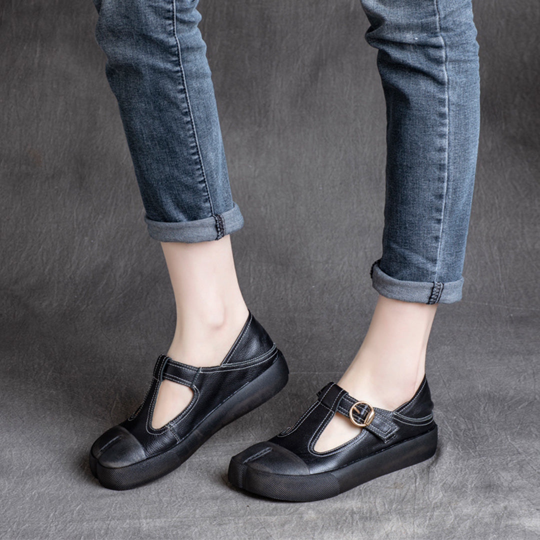Cowhide Velcro Square Toe Shoes With Buckle
