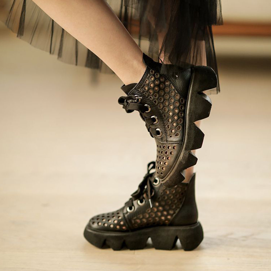 Eyelets Lace Up Mid Heel Boots - Luckyback