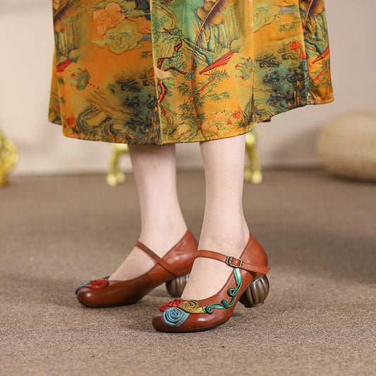 Floral Appliqued Round-Heel Leather Pumps