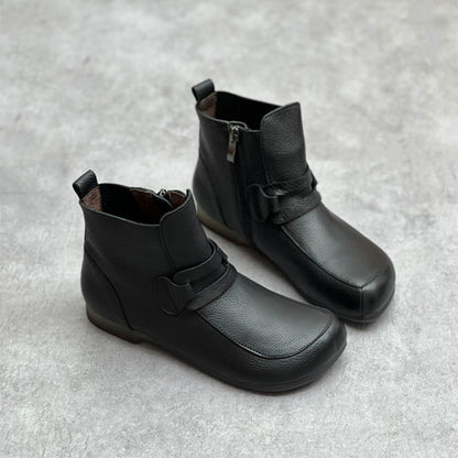 Handmade Square Toe Retro Side Zipper Short Boots