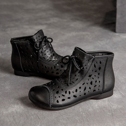 Hollow-Out Spliced Leather Boots - Luckyback