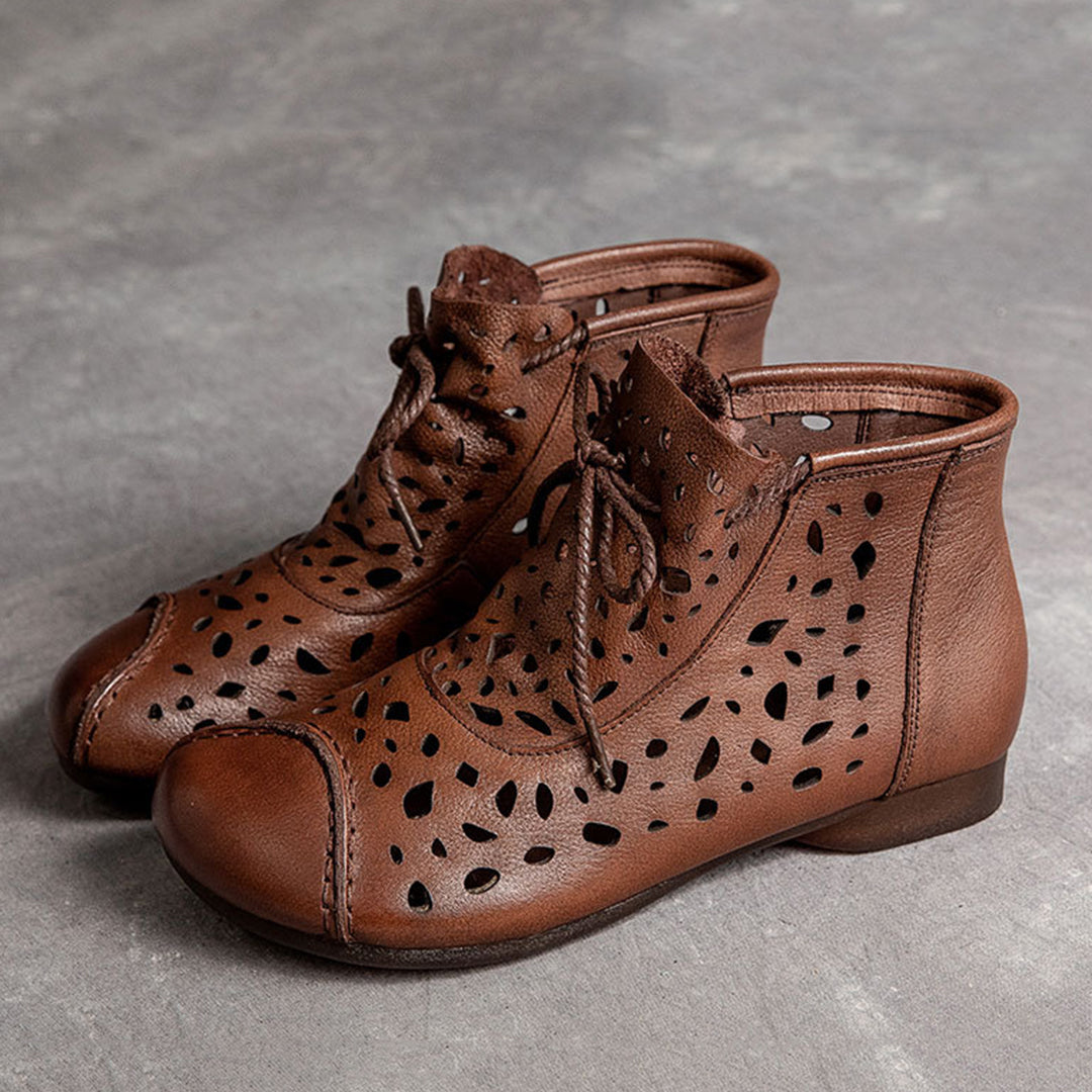 Hollow-Out Spliced Leather Boots - Luckyback