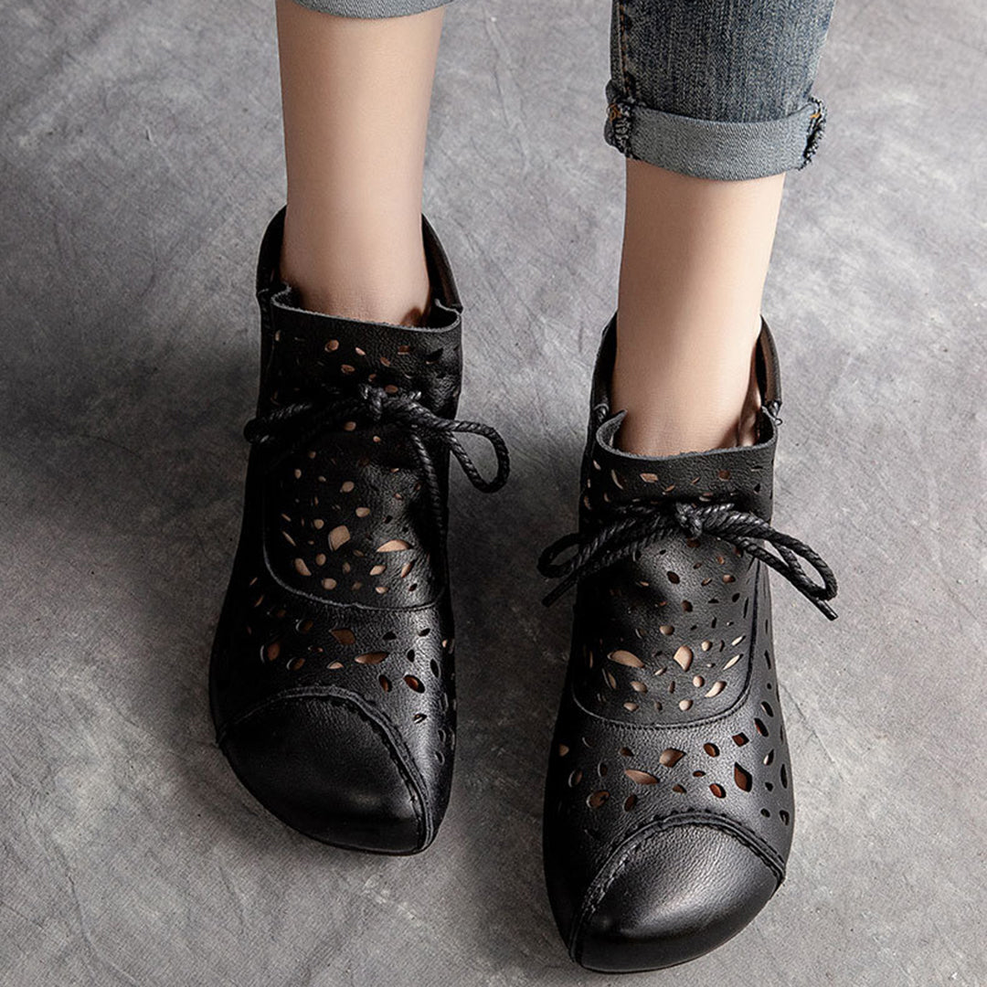 Hollow-Out Spliced Leather Boots - Luckyback