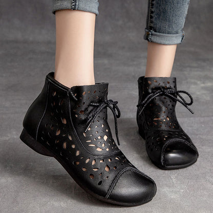 Hollow-Out Spliced Leather Boots - Luckyback