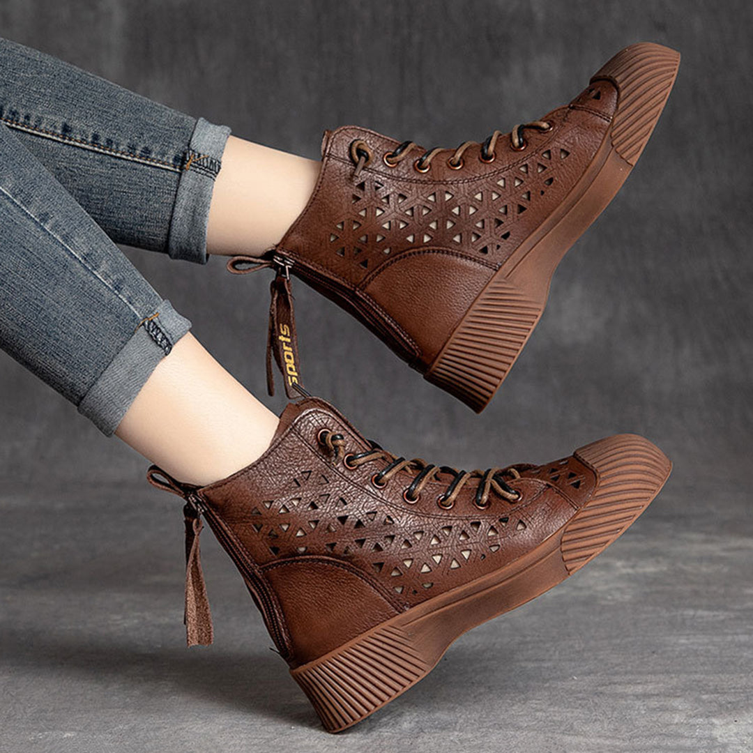 Hollow Out Lace Up Leather Boots - Luckyback