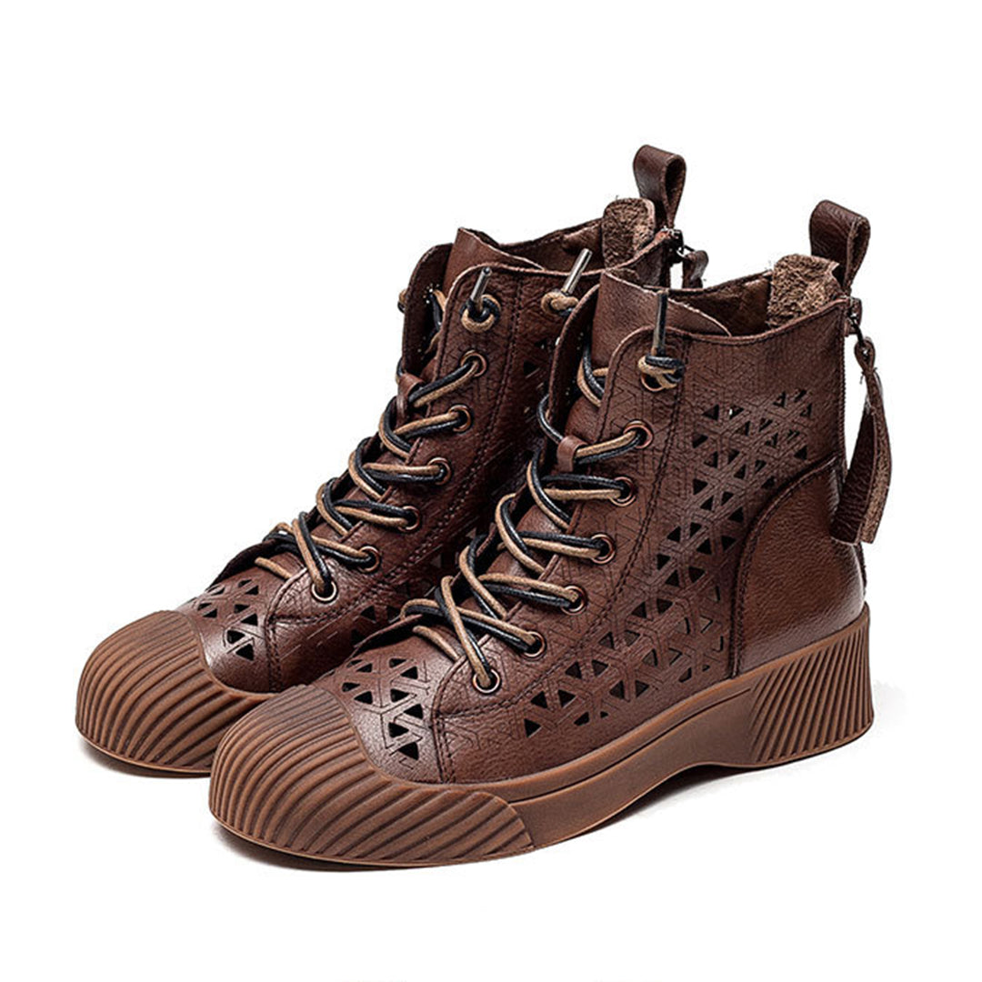 Hollow Out Lace Up Leather Boots - Luckyback