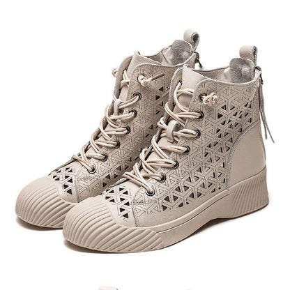 Hollow Out Lace Up Leather Boots - Luckyback