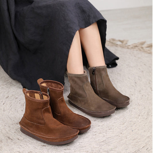 Leather Round Toe Stitching Side Zipper Retro Women Boots