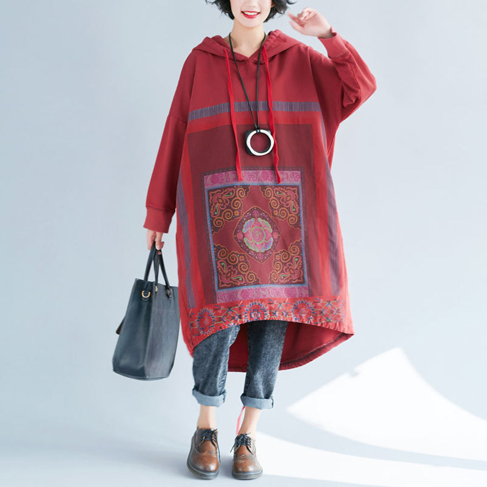 Loose Fit Casual Printed High Low Hooded Dress