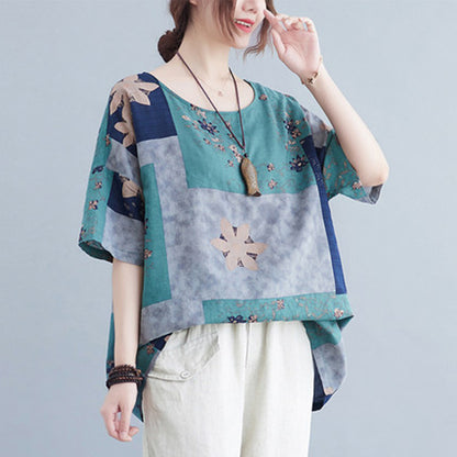 Loose Fit Print Linen Short-sleeved T-shirt