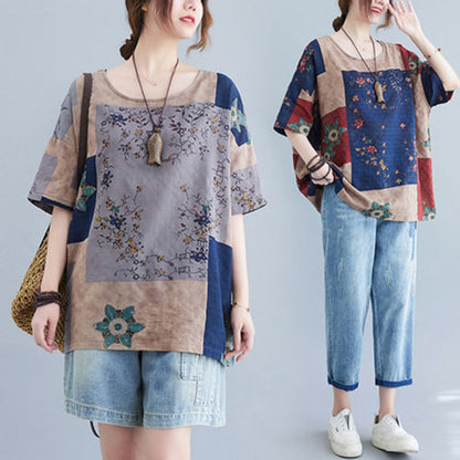 Loose Fit Print Linen Short-sleeved T-shirt