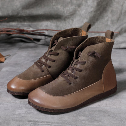 Retro Spliced Flat Leather Boots - Luckyback