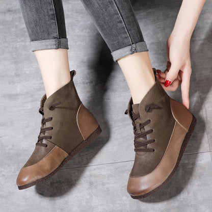 Retro Spliced Flat Leather Boots - Luckyback