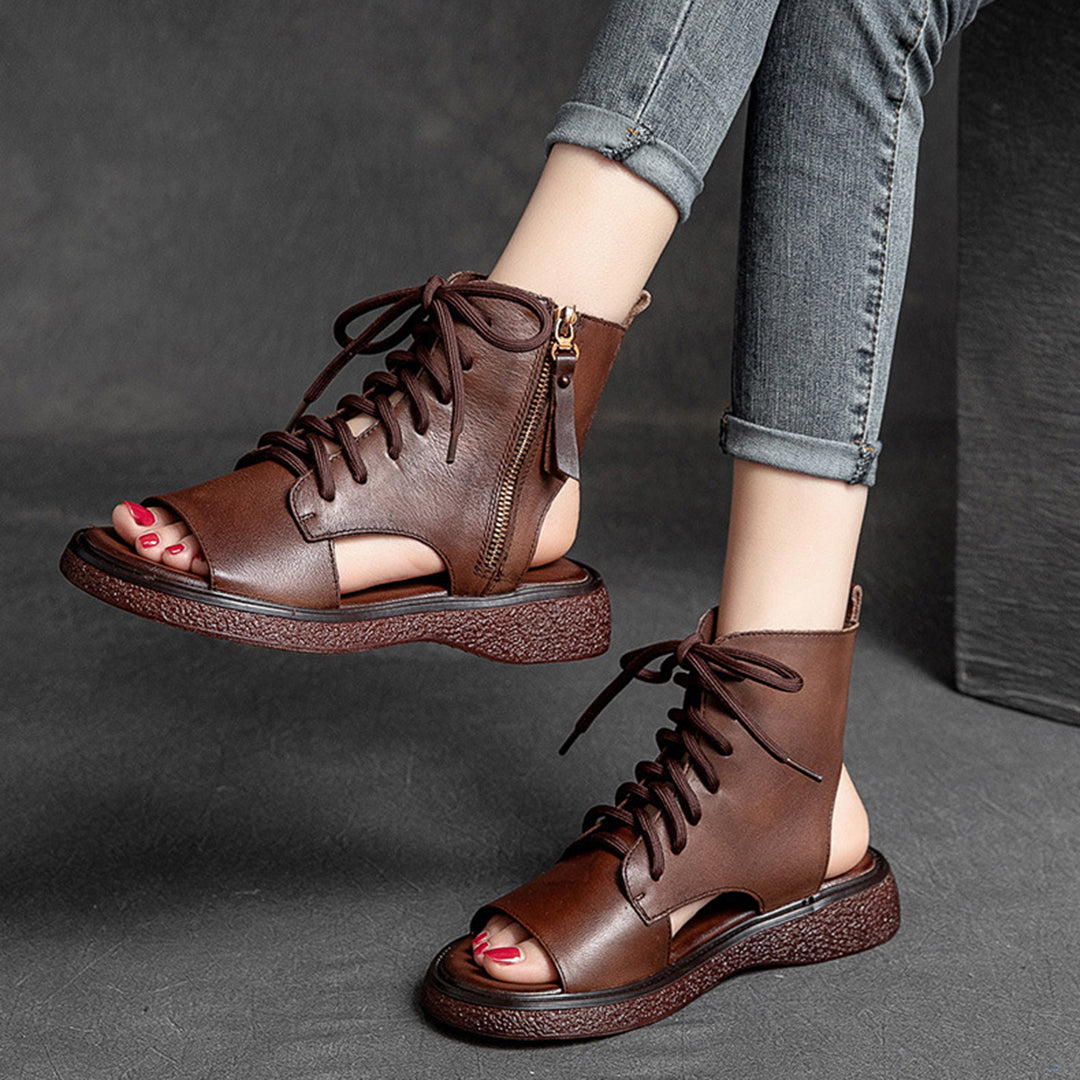 Peep Toe Lace Up Leather Shoes - Luckyback