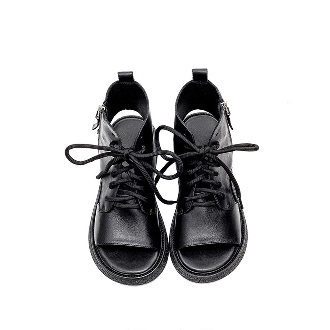 Peep Toe Lace Up Leather Shoes - Luckyback