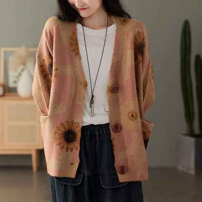 Print Retro Loose Fit Cardigan - Luckyback