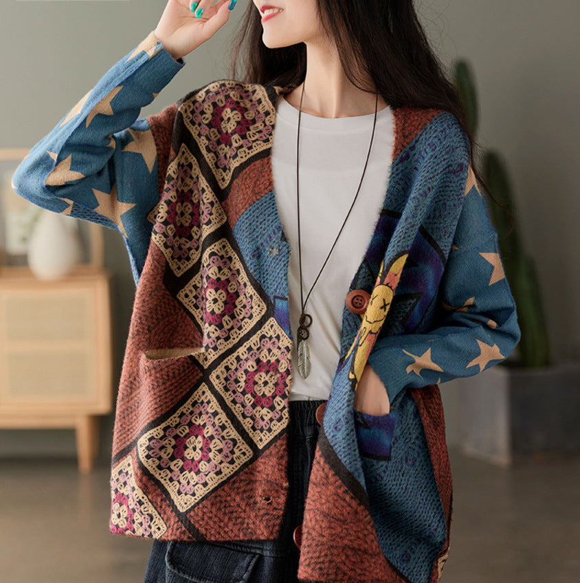 Print Retro Loose Fit Cardigan - Luckyback