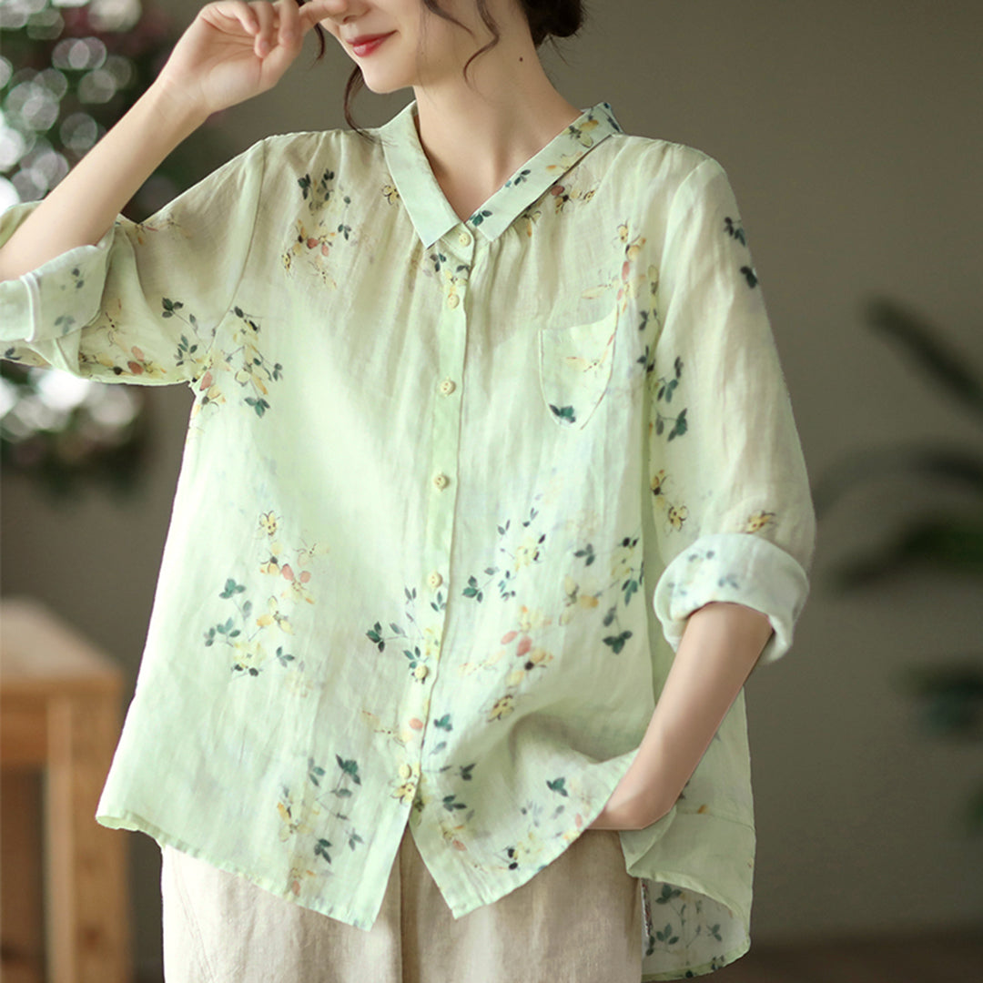 Ramie Flower Printed Loose Fit Shirt – Retrosia