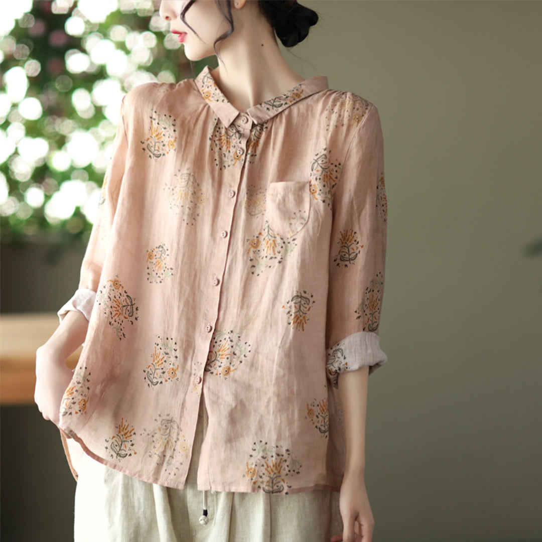 Ramie Flower Printed Loose Fit Shirt – Retrosia