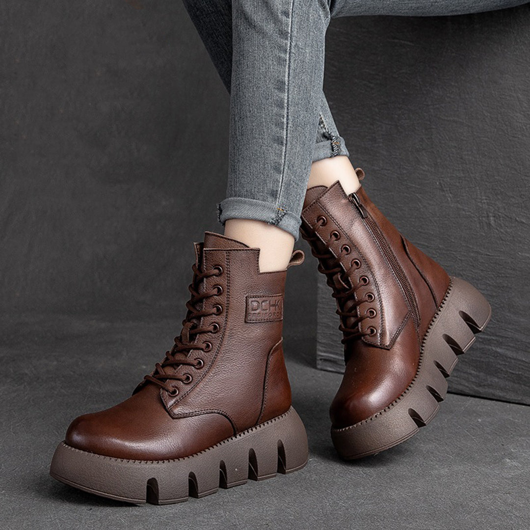 Retro Platform Fleece Leather Boots - Luckyback