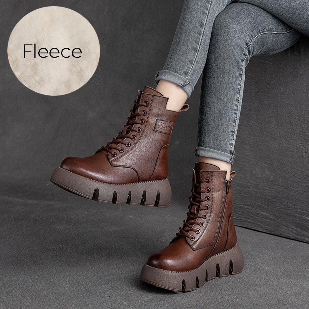 Retro Platform Fleece Leather Boots - Luckyback