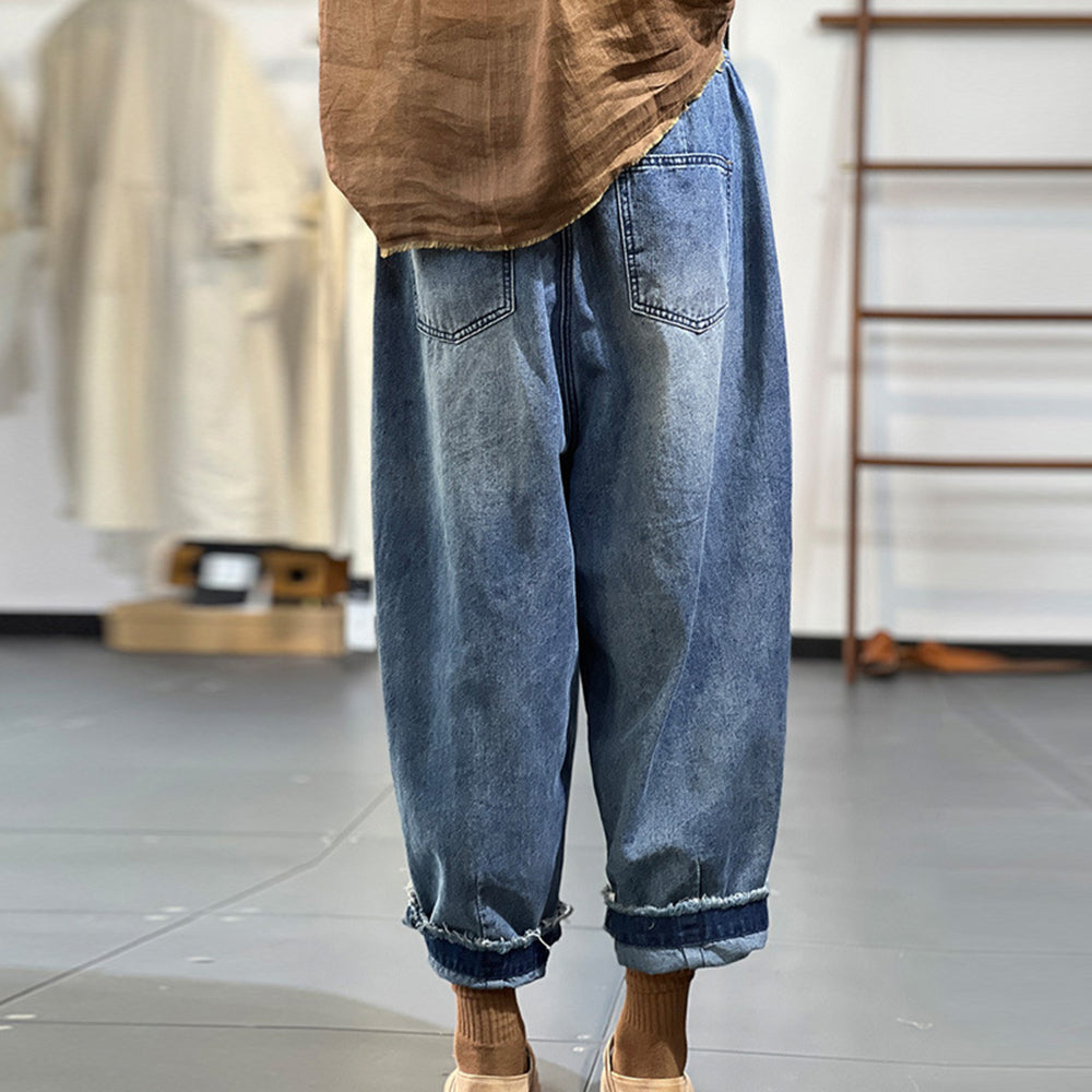 Retro Raw Edge Casual Loose Fit Denim Pants