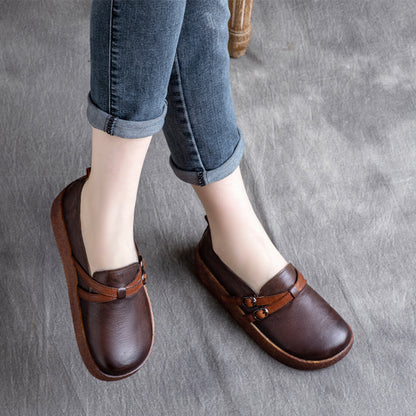 Retro Round Toe Cross Buckle Platform Cowhide Shoes