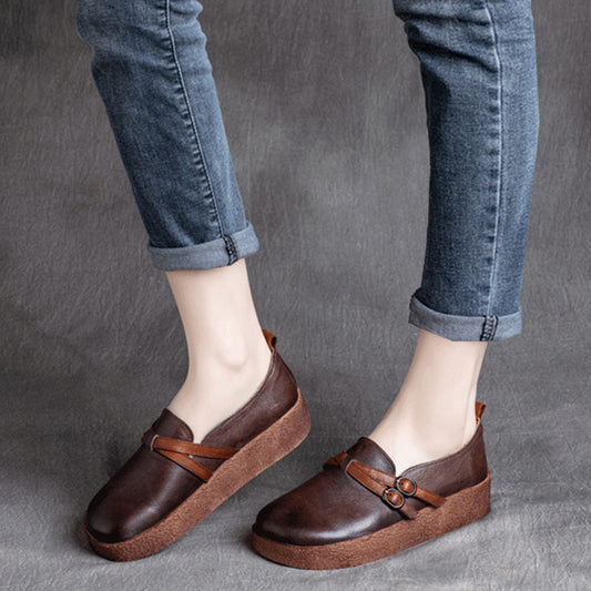 Retro Round Toe Cross Buckle Platform Cowhide Shoes