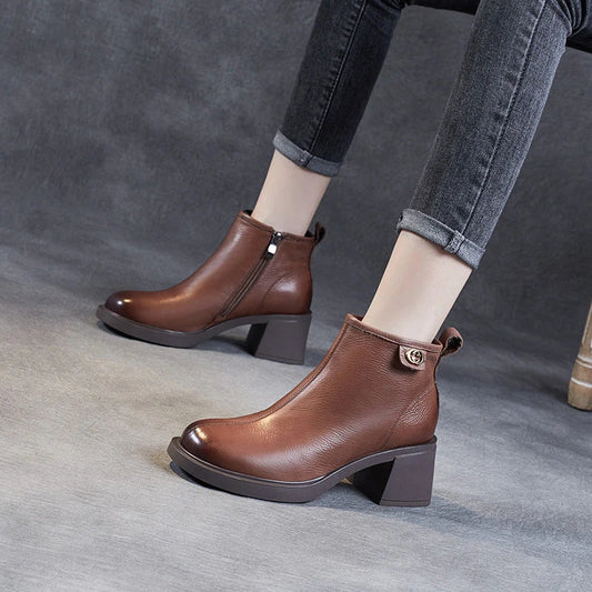 Retro Solid Leather Casual Wedge Boots With Rear Zipper