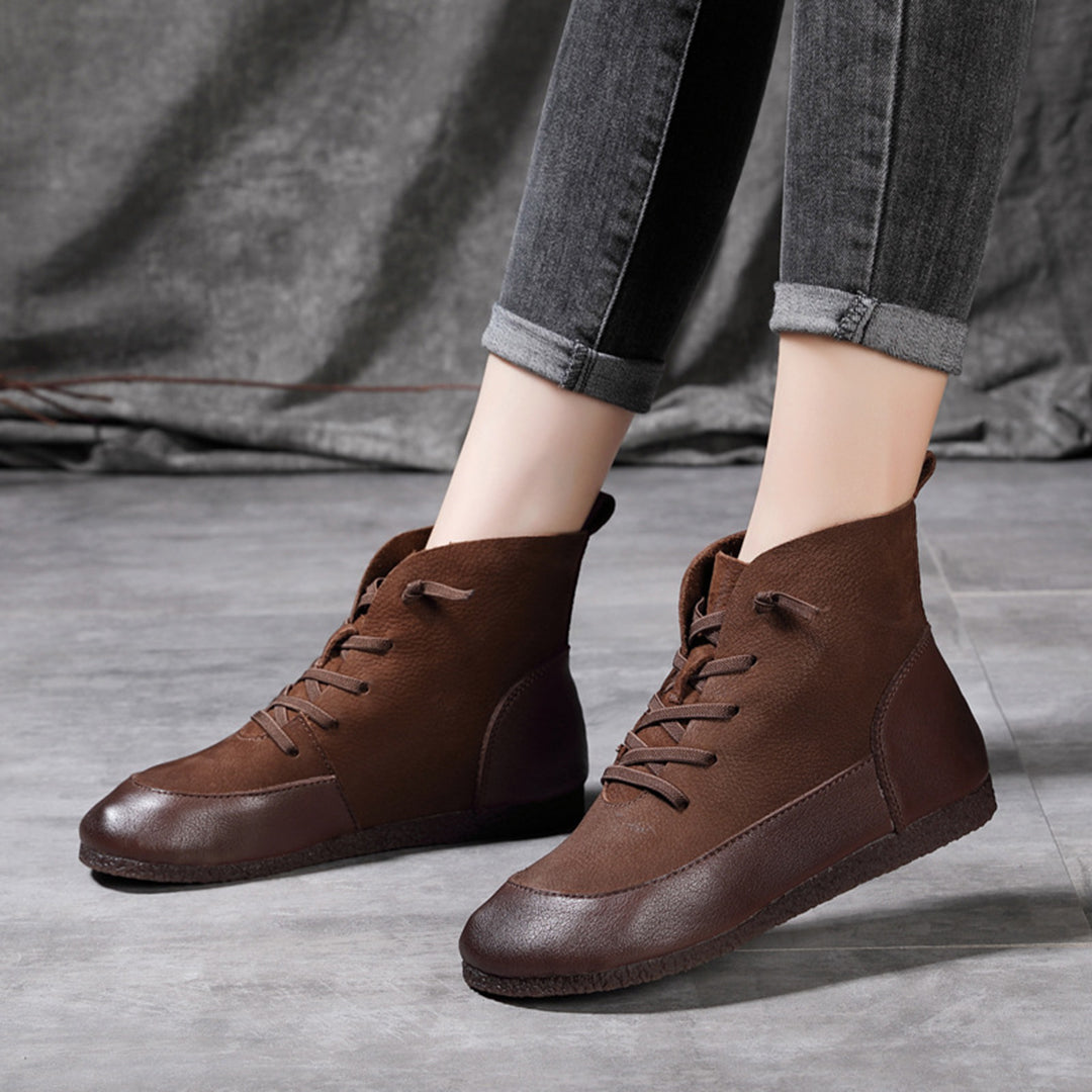 Retro Spliced Flat Leather Boots - Luckyback