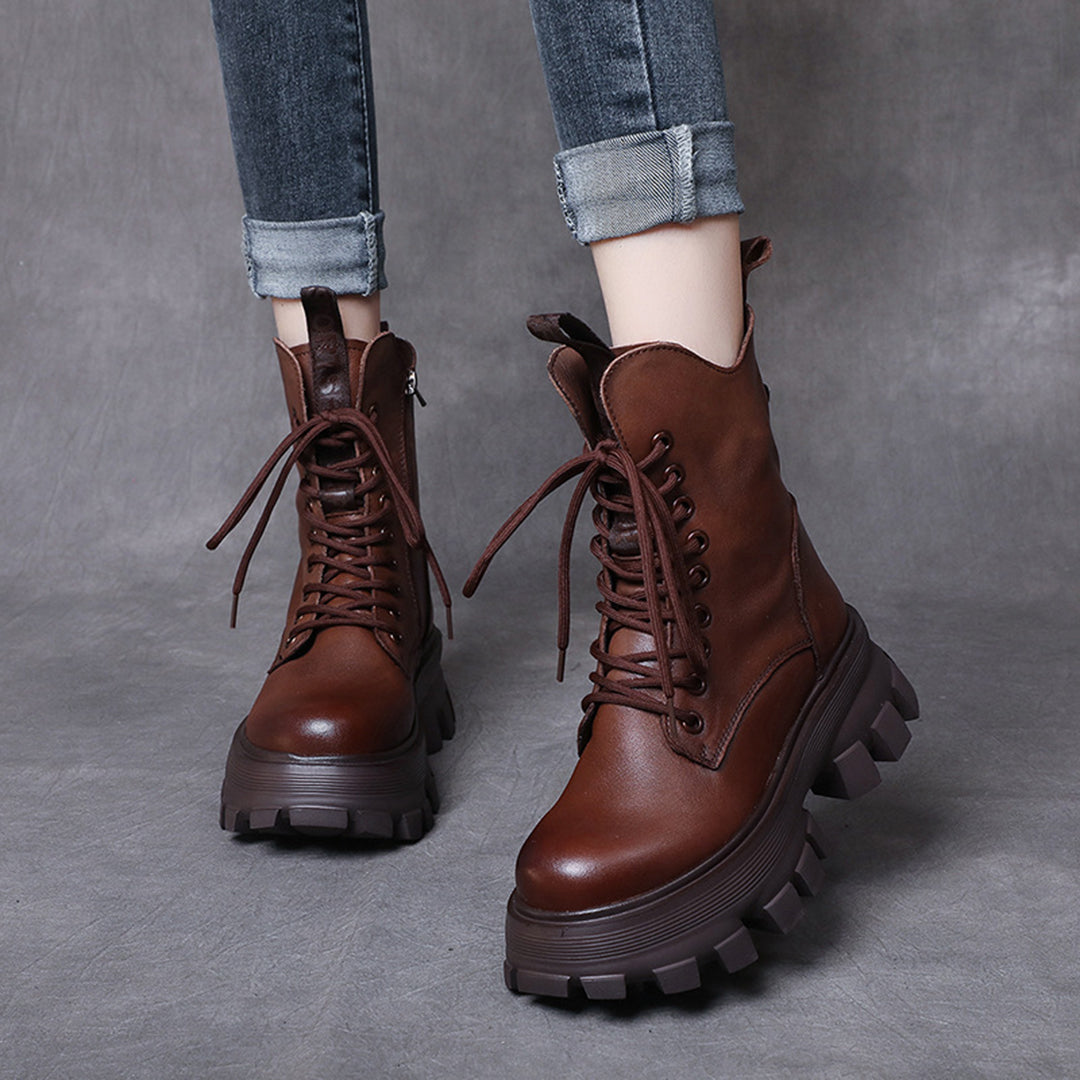 Round Toe Lace-Up Platform Leather Boots - Luckyback