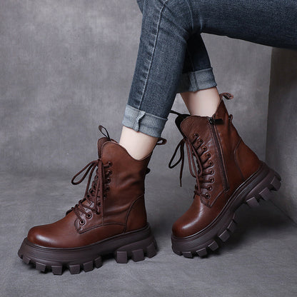 Round Toe Lace-Up Platform Leather Boots - Luckyback