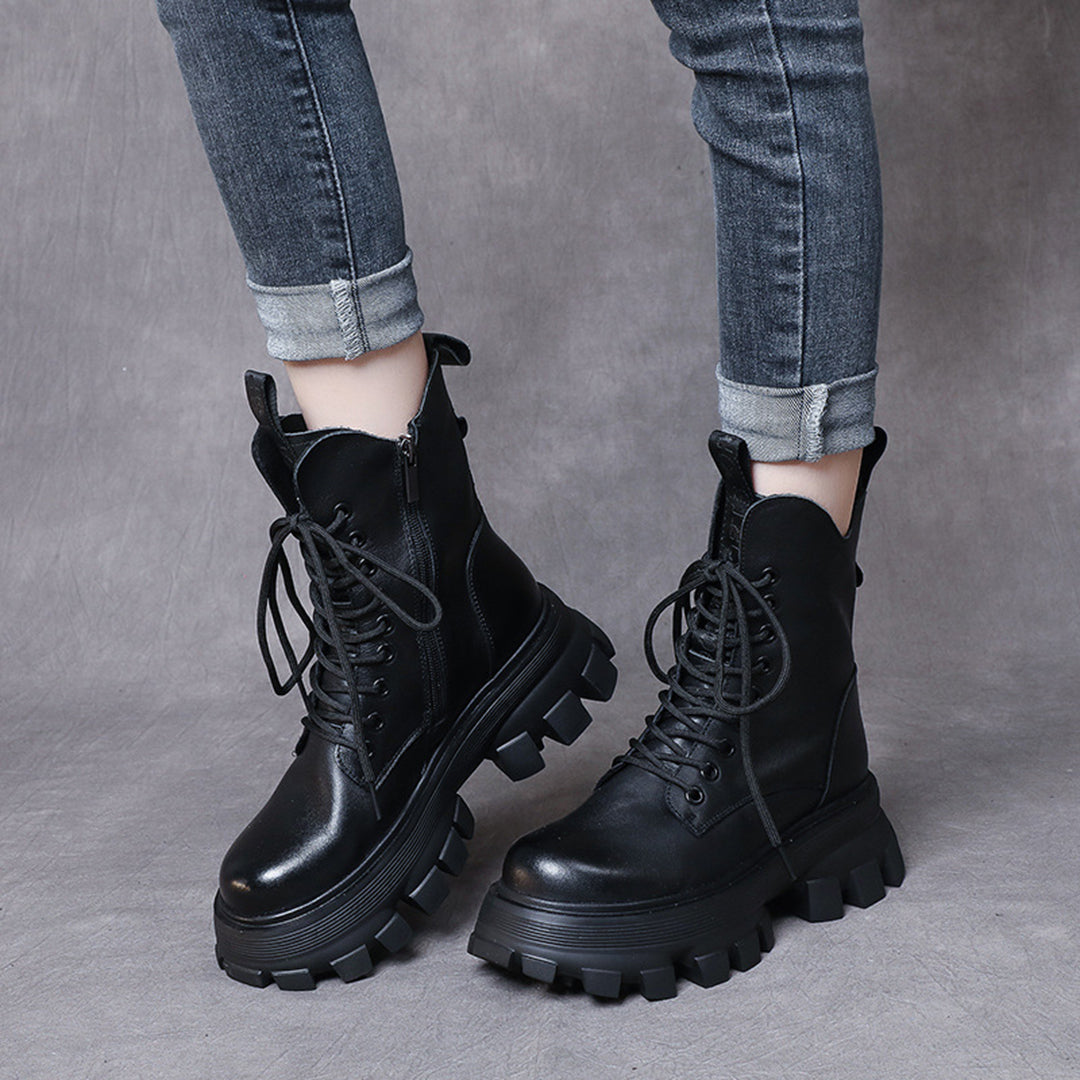 Round Toe Lace-Up Platform Leather Boots - Luckyback