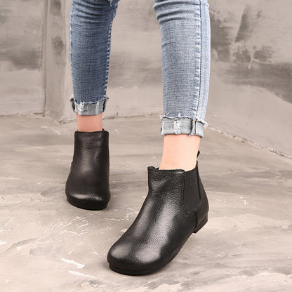 Round Toe Retro Leather Ankle Boots - Luckyback
