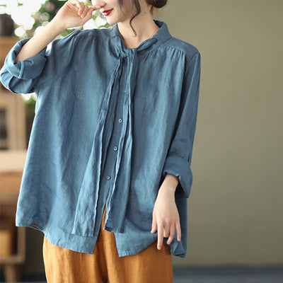 Solid Bow-Tied Collar Casual Linen Blouse – Retrosia