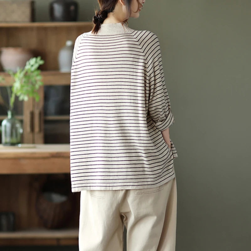 Turtleneck Stripes Knitted Sweater | Retrosia, Loose Gray Blouse, Black ...