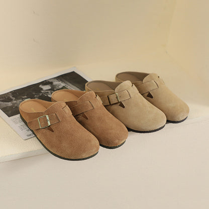 Women Closed Toe Soft Suede Sliders With Buckle Accents