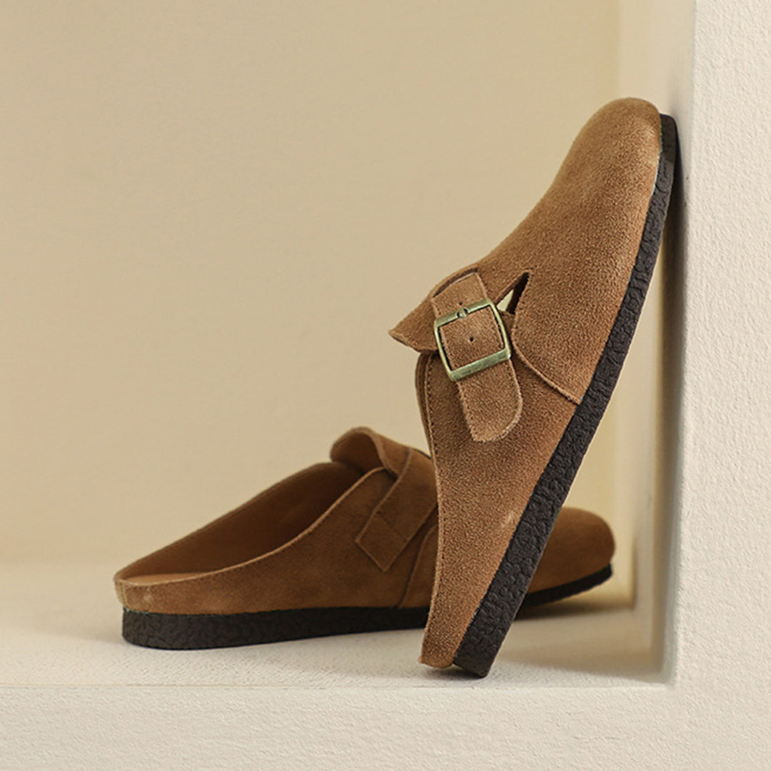 Women Closed Toe Soft Suede Sliders With Buckle Accents