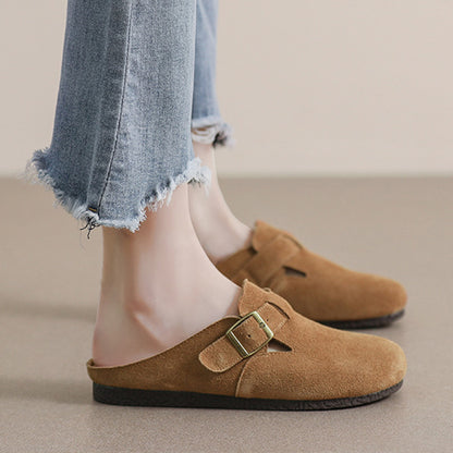 Women Closed Toe Soft Suede Sliders With Buckle Accents