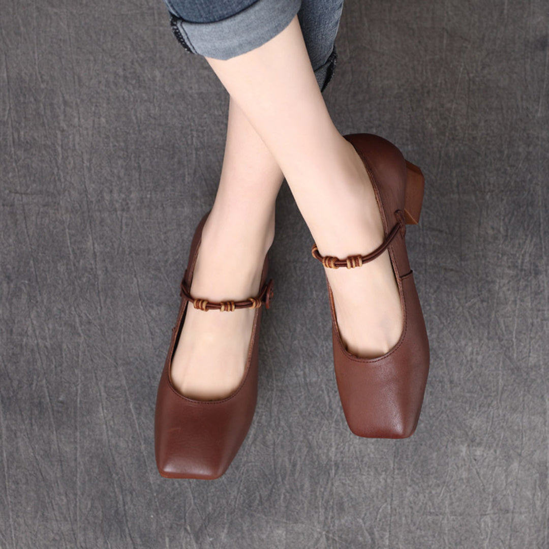 Women Leather Square Toe Chunky Heels - Luckyback