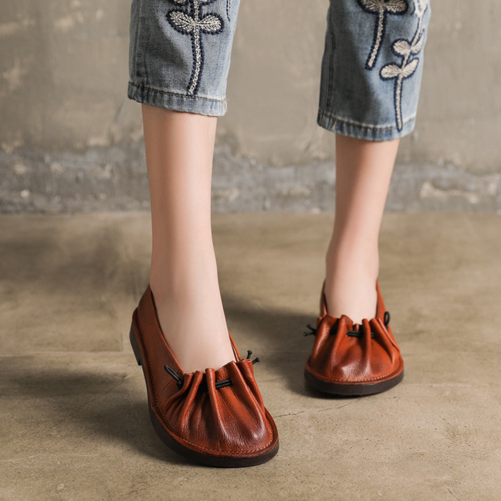 Women Pleated Leather Flat Shoes
