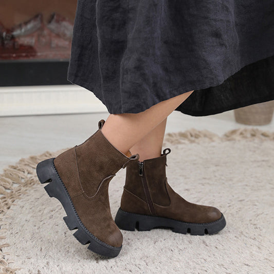 Women Retro Leather Round Toe Stitching Boots