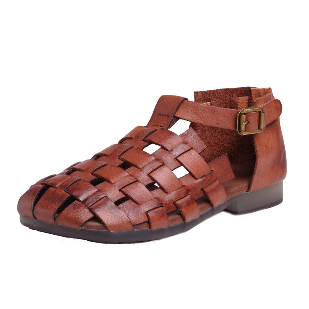 Women Retro Woven Cowhide Leather Sandals