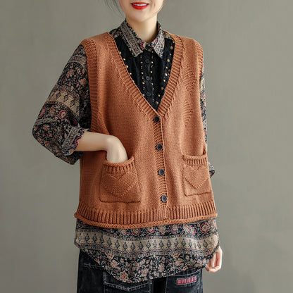 Women Solid V-Neck Knitted Vest