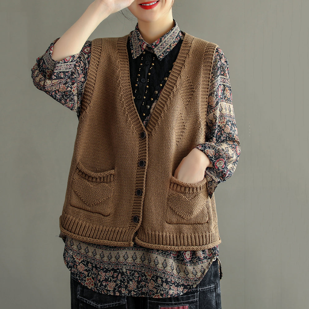 Women Solid V-Neck Knitted Vest