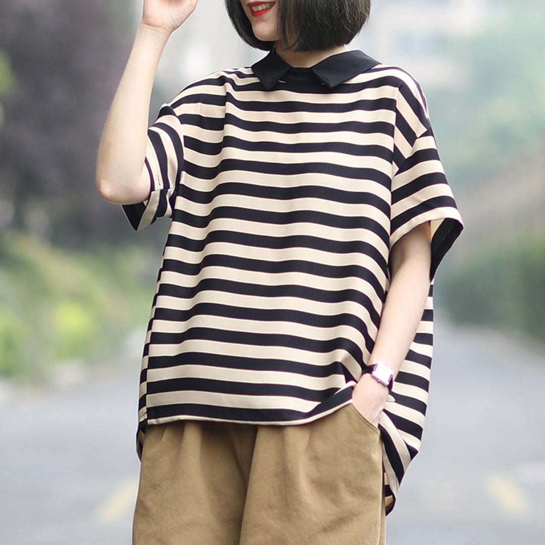 Women Stripe Polo Collar Short T-Shirt - Luckyback