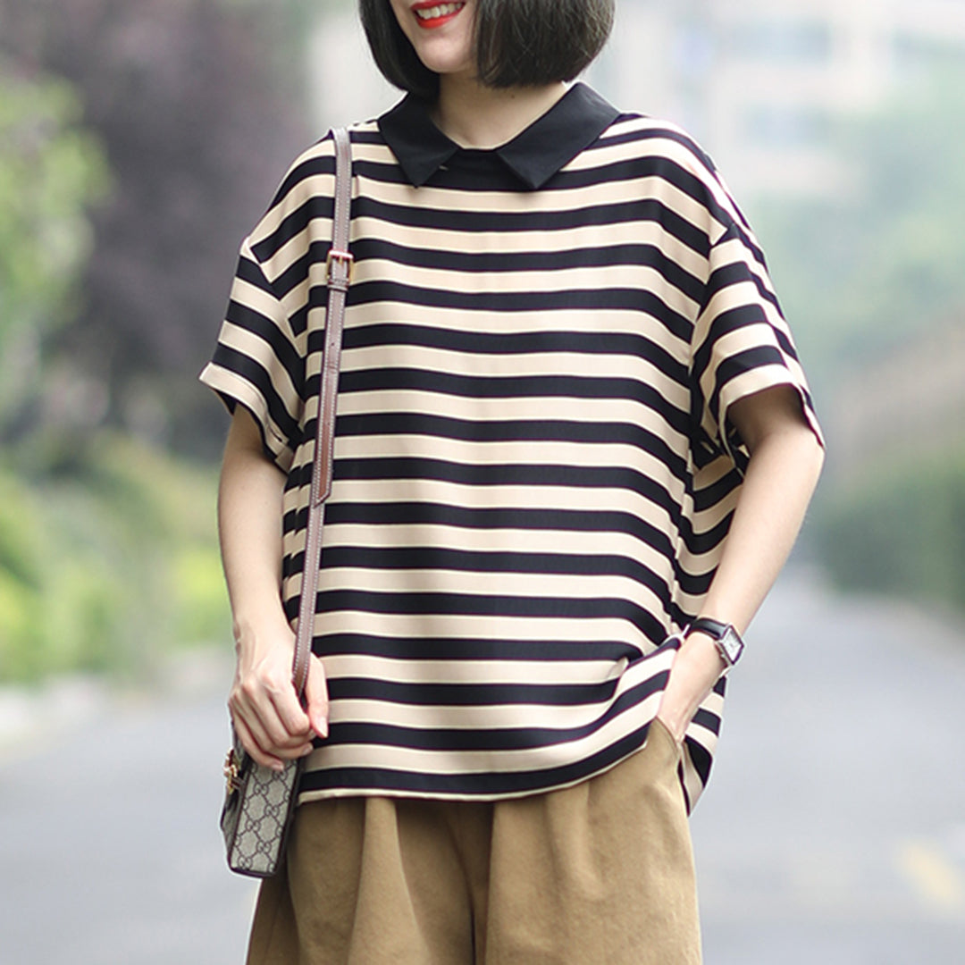 Women Stripe Polo Collar Short T-Shirt - Luckyback